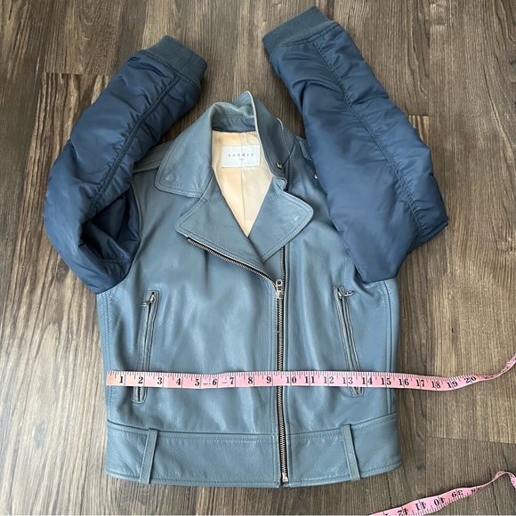 Sandro Blue Goat Leather Coat Biker Moto Bomber Jacket with Pleated Sleeves - Picture 13 of 16